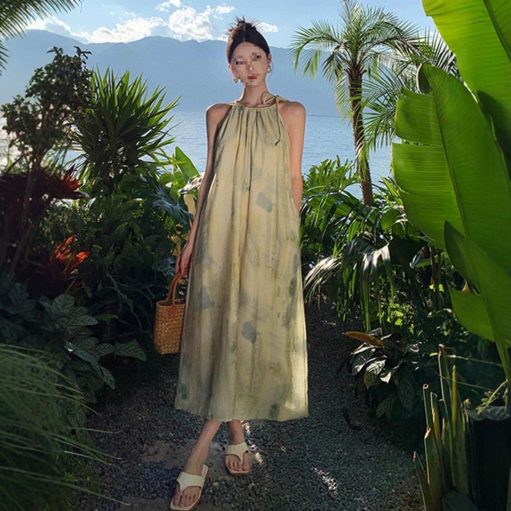 #New Chinese sleeveless smudge neck dress women's summer new lazy wind vacation dress