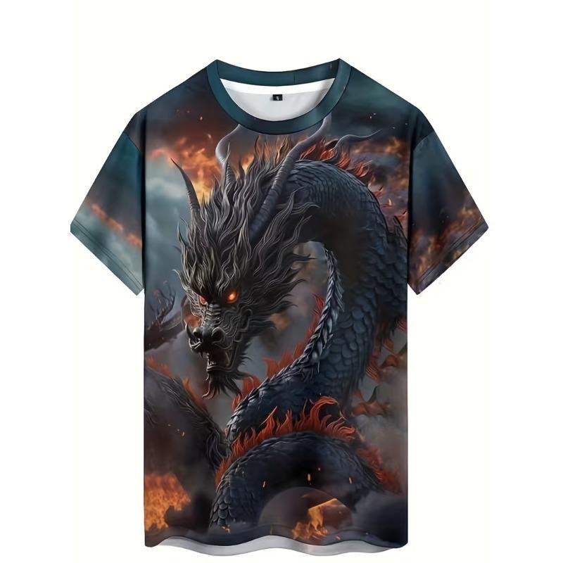 Men's 3D Digital Print Dragon Graphic T-Shirt Casual Short Sleeve Summer Round Neck Tshirts Regular Fit Oversized T Shirt Top