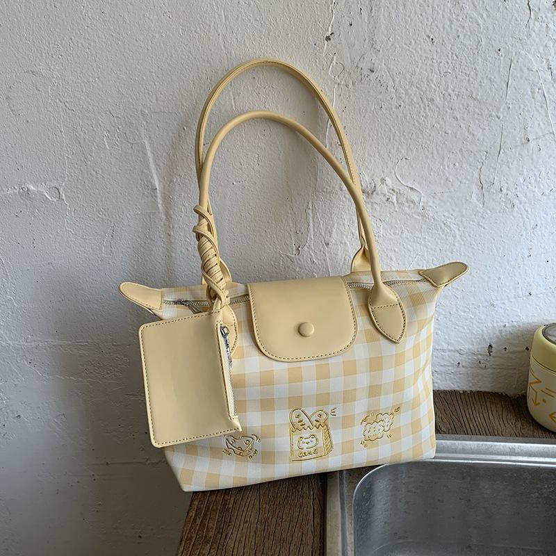 

Вместительная клетчатая сумка-тоут женская летняя нишевая в стиле колледжа для учебы, работы, на плечо, подмышку жёлтый