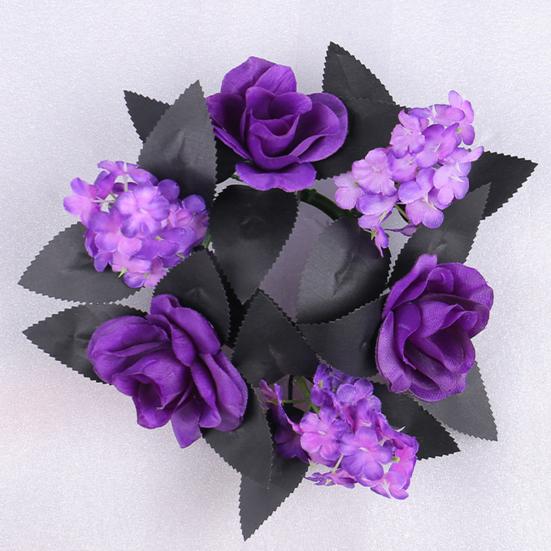 Halloween Candle Rings Wreath Artificial Purple Rose Black Leaves Candle Holder Wreath for Halloween Table Centerpieces