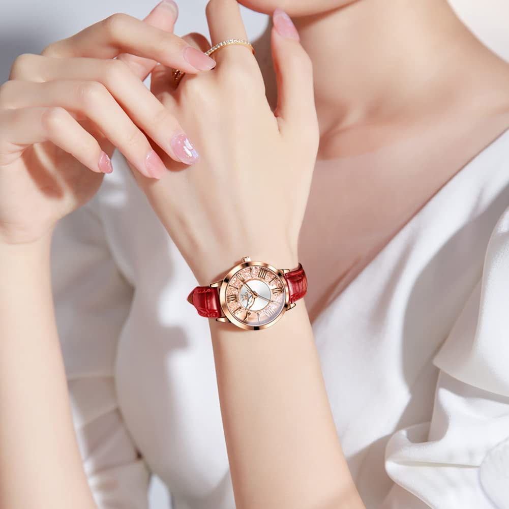 OLEVS Watch Popular Quartz Arm Watch Rose Gold Diamond Quicksand Dial Glitter Waterproof Luminous Present Day Leather Strap Red Women's Mother's