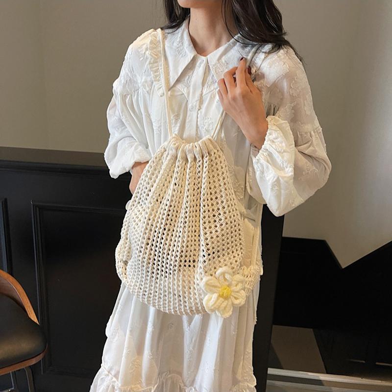 Yogodlns Fashion Solid Color Floral Decor Crochet Shoulder Bag Woven Women Beach Holiday Bucket Hollow Out Large Capacity  Backpack