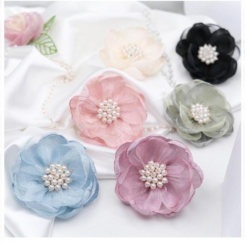 5Pcs 3D Beaded Center Chiffon Artificial Flowers for DIY Sewing Garment Patch Photo Prop Party Decoration