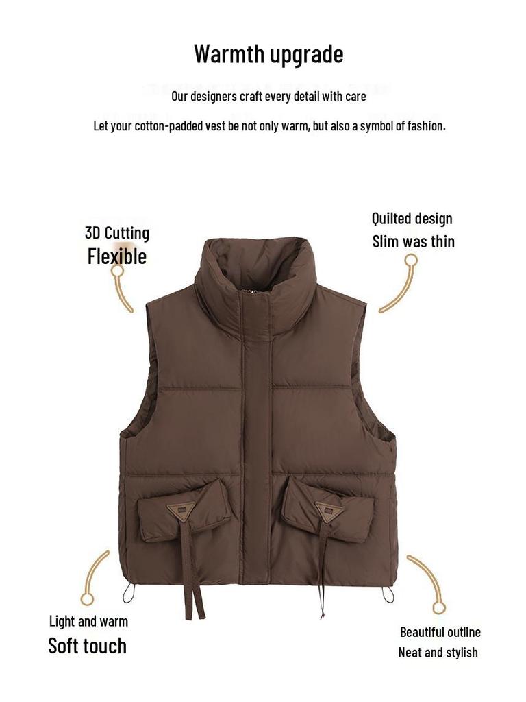 Women's Korean Style Stand-up Collar Sleeveless Waistcoat - Autumn/Winter Solid Color Warm Vest