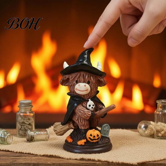 Decorative Cow Collectibles 2Pcs Halloween Highland Witch Ornament, Resin Figurine with Hat Pumpkin Broom Hand Painted Crafts & Skull, Cute Farmhouse