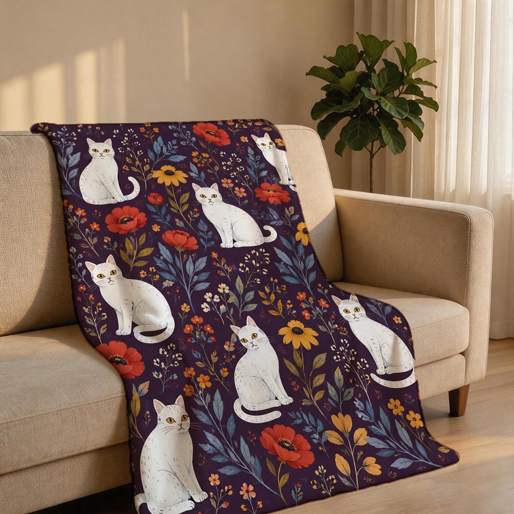 VintageBlumenWeißerKatze Überwurf Kurzer Plüsch Überwurf Weich Hautfreundlich Mehrere Szenen Home Office