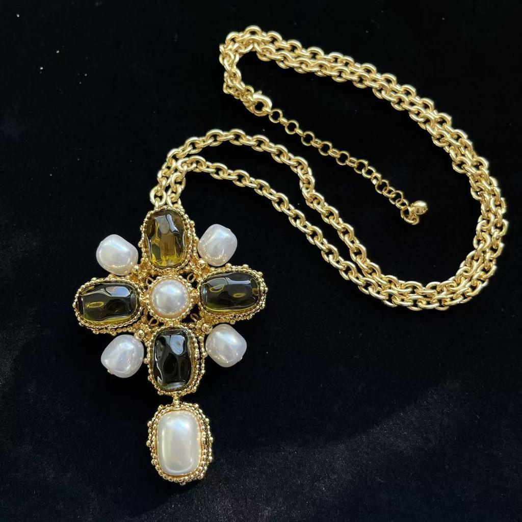 Vintage Gold Cross Pearl Brooch & Necklace - Dual-Use Accessory for Sweaters, Coats, and Suits.