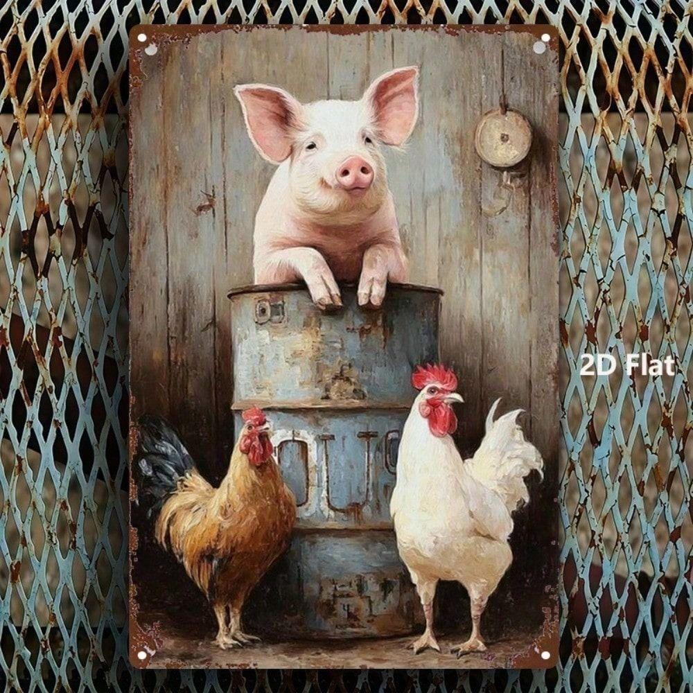 Farmhouse Rooster Pig Metal Wall Art Kitchen Decor Sign