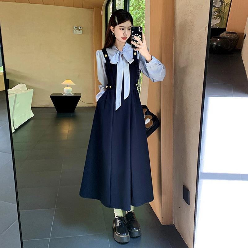 

Платье большого размера в двух частях во французском стиле: Приталенная юбка с длинными рукавами и завязками, подчеркивающая талию L темно-синий