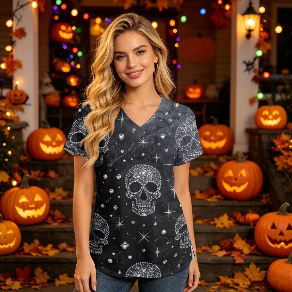 Women's V-Neck Short Sleeve Scrub Top with Pockets Halloween Print Caregiver Uniform