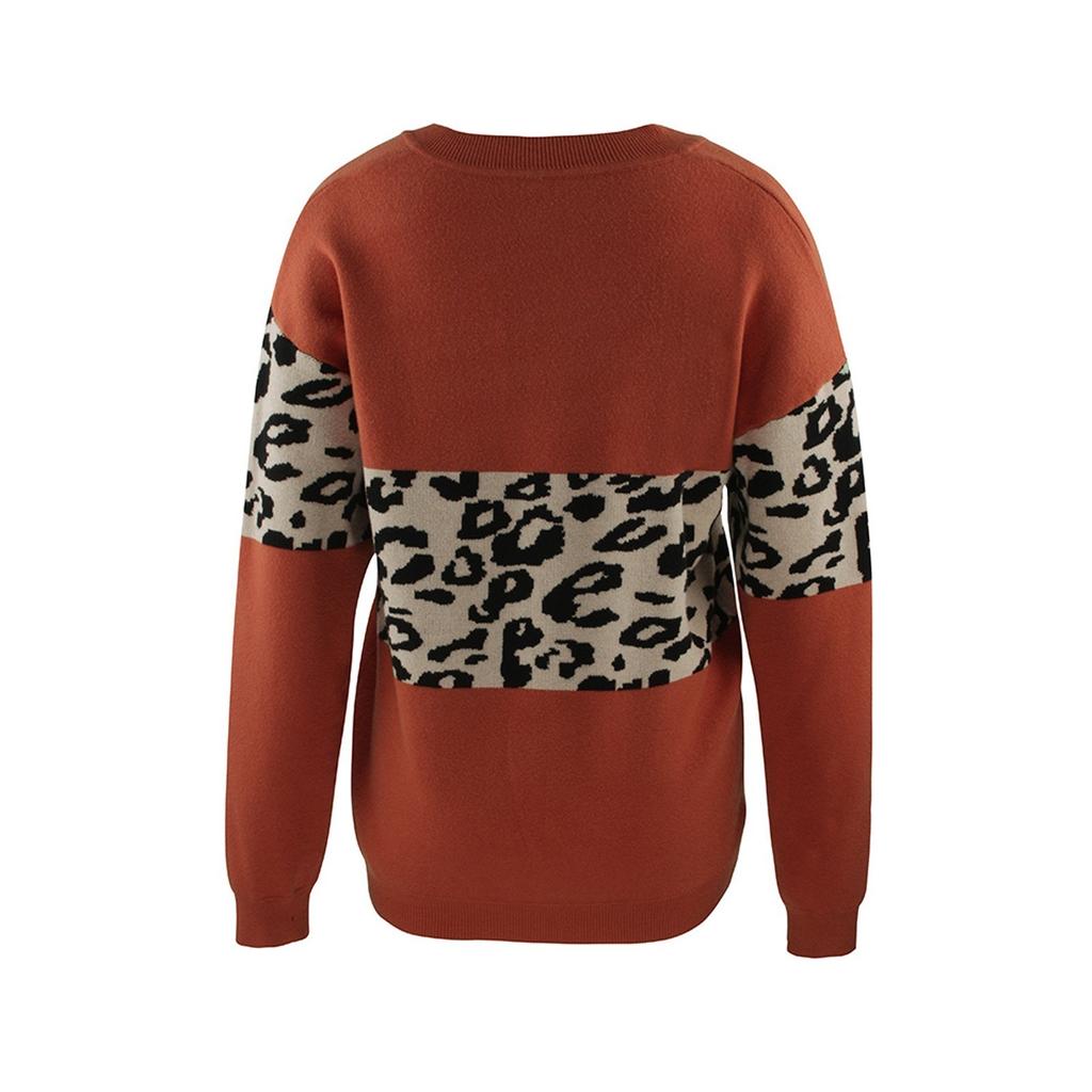 Winter V-collar Color Leopard Print Sweater Women Splicing Self-cultivation
