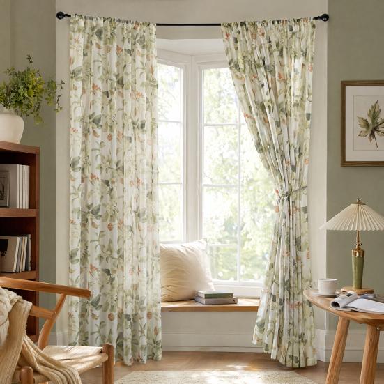 Curtain with Hole-Free Installation, Cotton Linen Printing Window Curtain, Light Blocking Privacy Protection Curtain for Bay Window