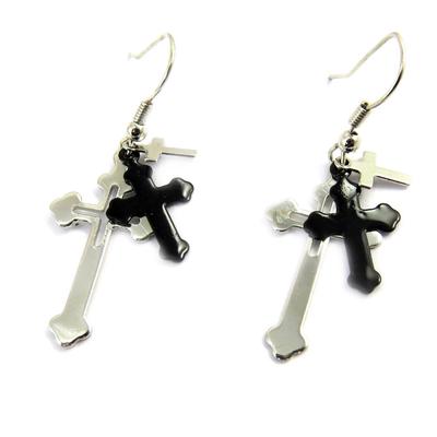 [L7996] - Black Silver 'Cross' Designer Earrings