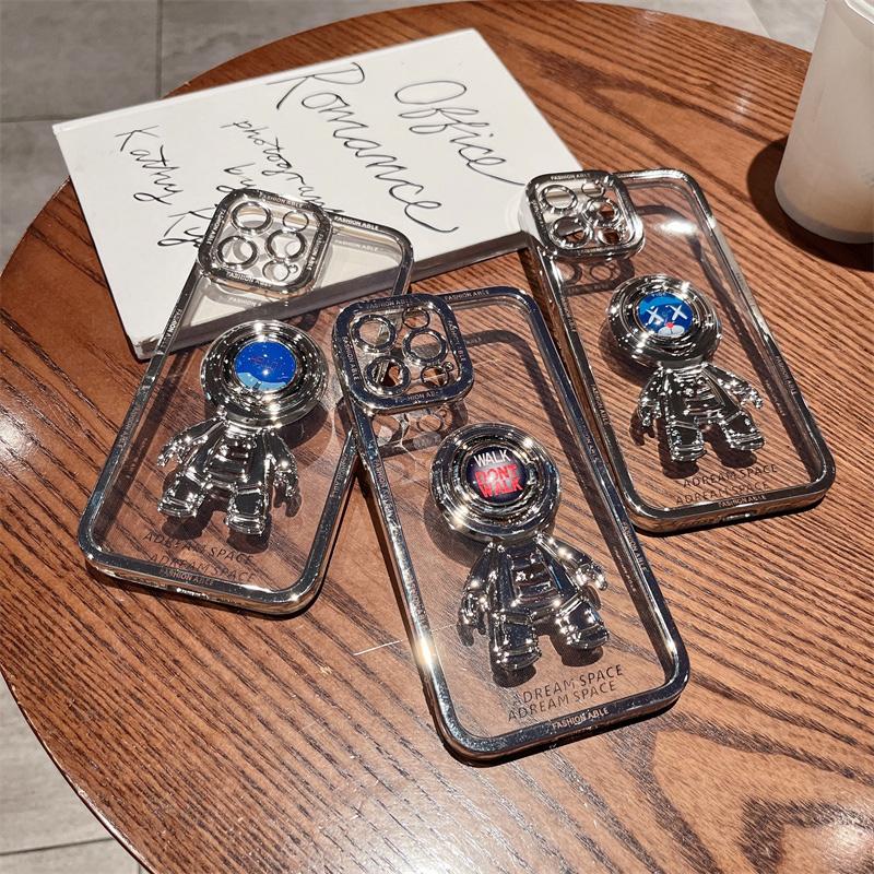 Galvanisierte Astronauten-Ringhalter-Hülle für iPhone 11 12 13 Pro Max X Xr Xs Max Linsenschutz Silikonbeschichtung