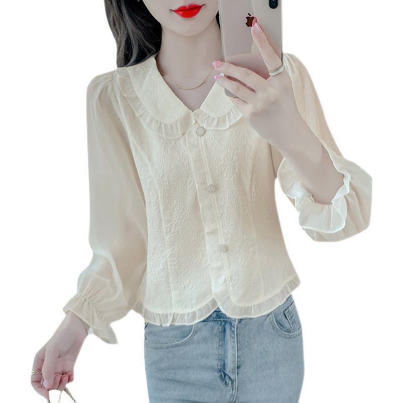 2024 Frühling Schlankmachende Patchwork Peter Pan Kragen Chiffonbluse mit langen Ärmeln