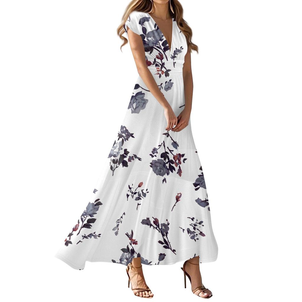 Women's Summer Casual Fashion Floral Print Dress V-Neck Short Sleeve Dresses