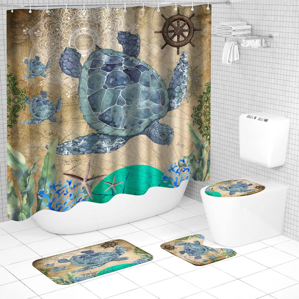 Sea Turtle Shower Curtain Set Bathroom Rug And Accessories Ocean Nautical Shower Curtain Set With Hook Durable Waterproof Fabric