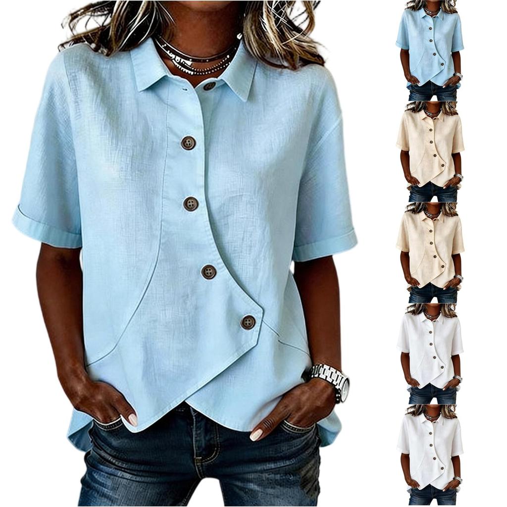 Women’s Short Sleeve Button Down Shirt Asymmetric Hem Casual Loose Fit Lapel Collar Blouse for Daily Wear Office Work