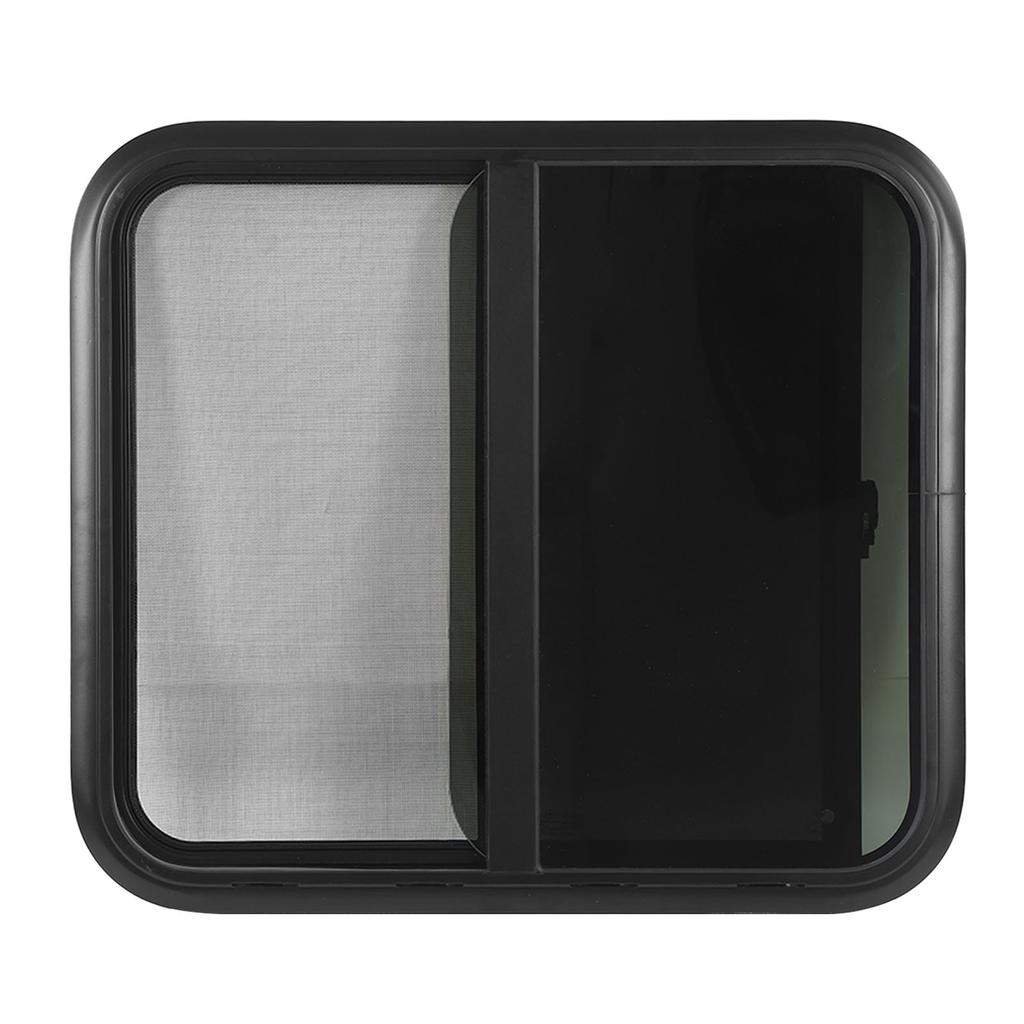 800x700mmm Rounded Sliding Windows Thick Tempered Glass UV Resistant Black Aluminum Alloy Frame with Screen for Caravan