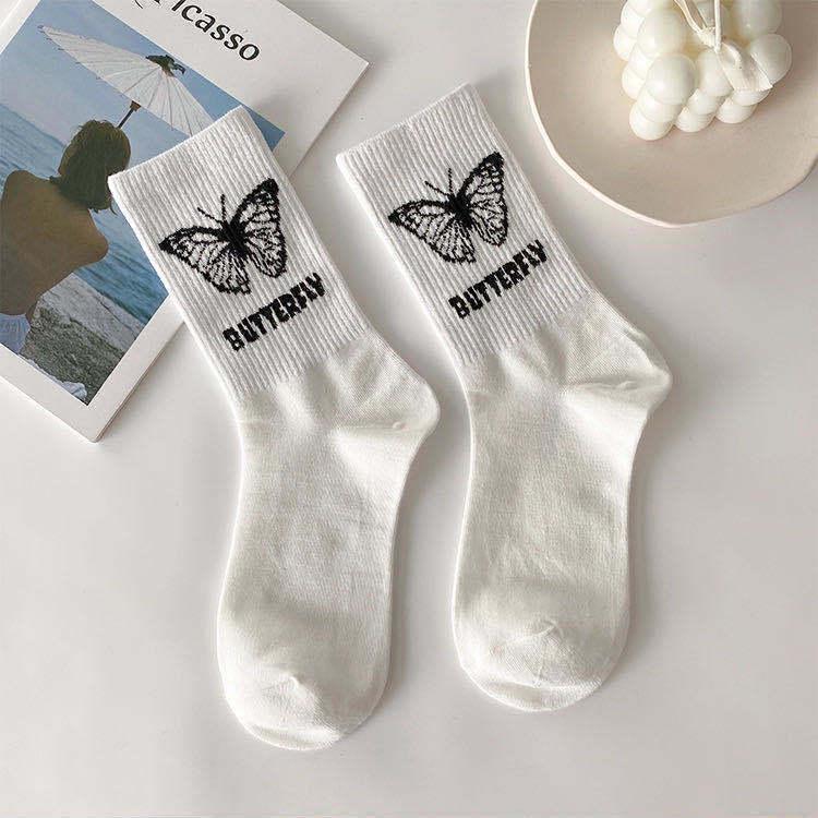 

Butterfly Women s Mid-Tube Japanese Cartoon Socks - Black and White, Spring/Summer Trendy Pile Style. One Size Sock