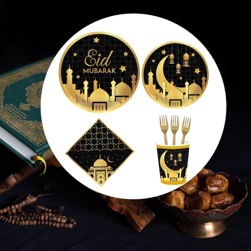 Elegant Disposable Dinnerware Set for 8 Guests Plates Cups and Napkins for Muslims Eid Festival Festive Celebration