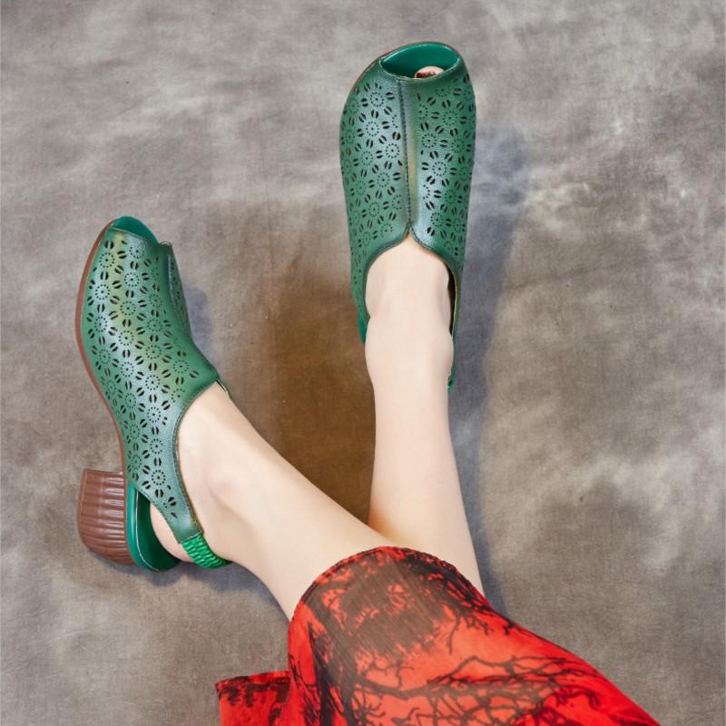 Johnature Echtleder Damen Schuhe Retro Peep Toe Ausgeschnitten Atmungsaktiv Dicke Absatz Sandalen