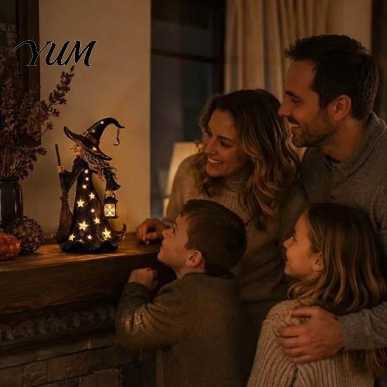 Halloween Party Supplies 2Pcs Witch Night Lamp, Holding Lantern Figurine with Decorative Light LED, Glowing Resin Statue for Tabletop Decor