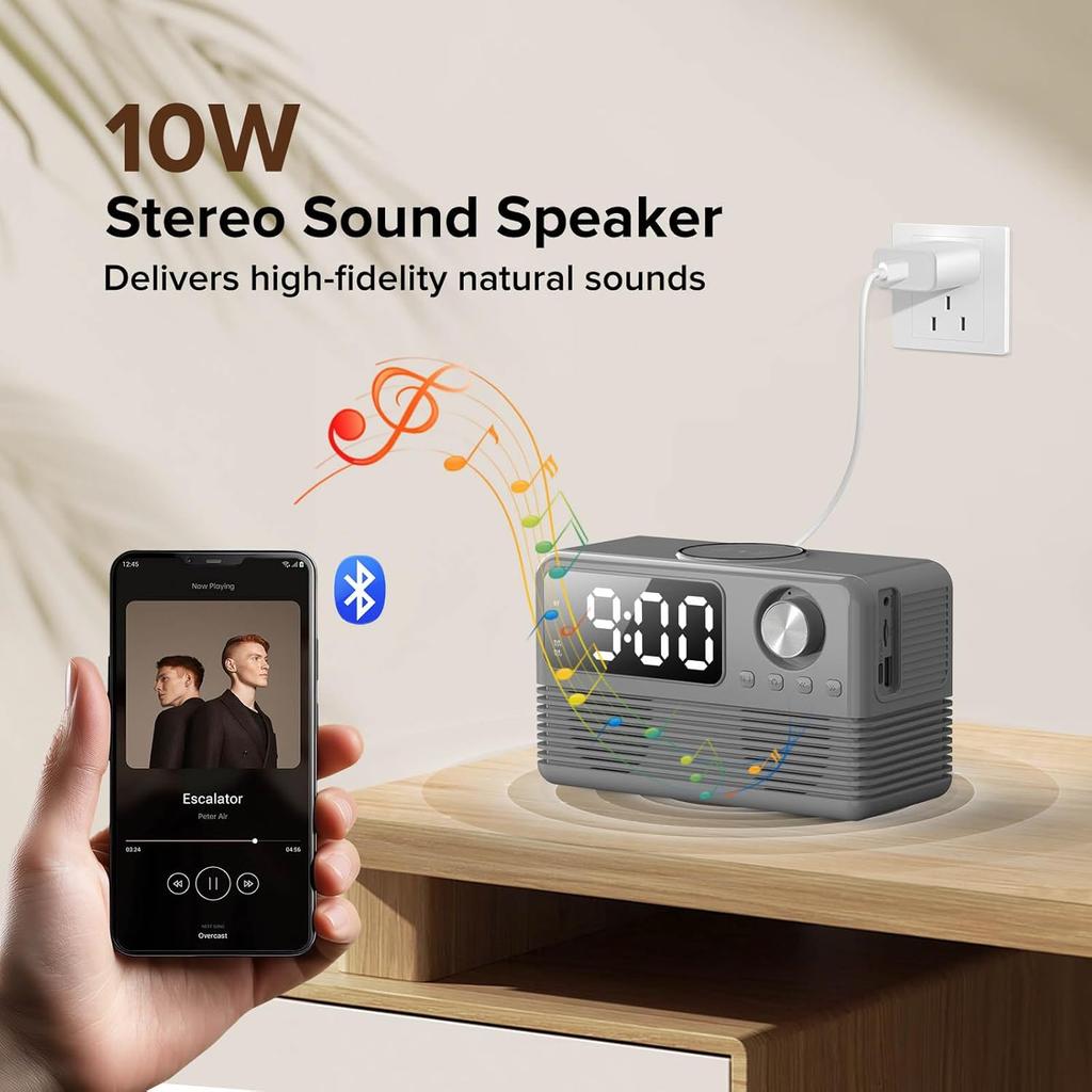15W Fast Wireless Charger with Bluetooth Speaker and Alarm Clock Radio,4 In1 Wireless Charging Station for iPhone,Android Phones with FM Radio