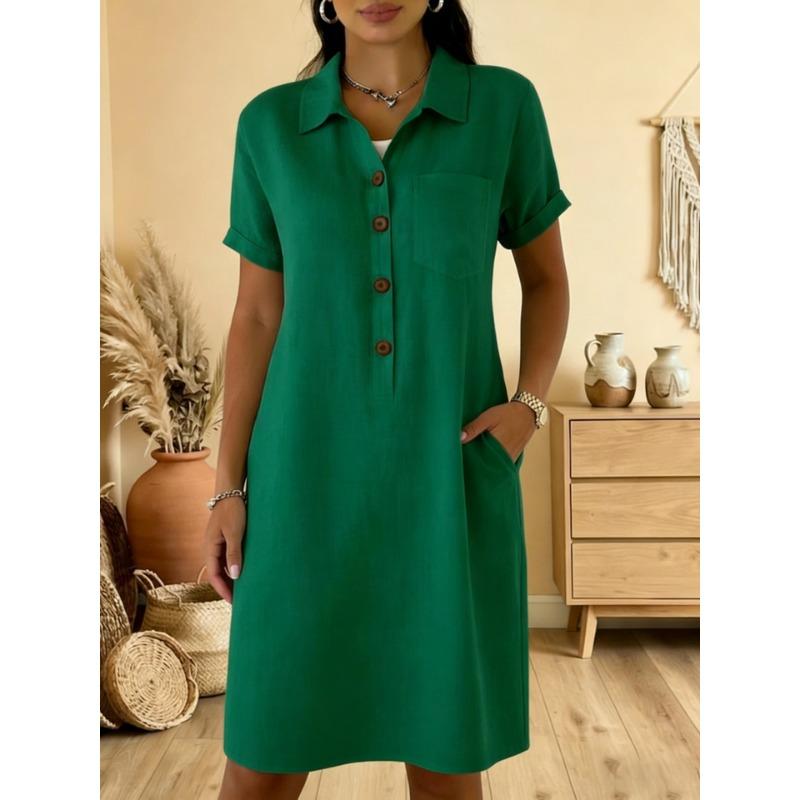 Damen Leinenmischung Hemdbluse Kurzarm Halbknopf Lässig Midi Kleid mit Taschen