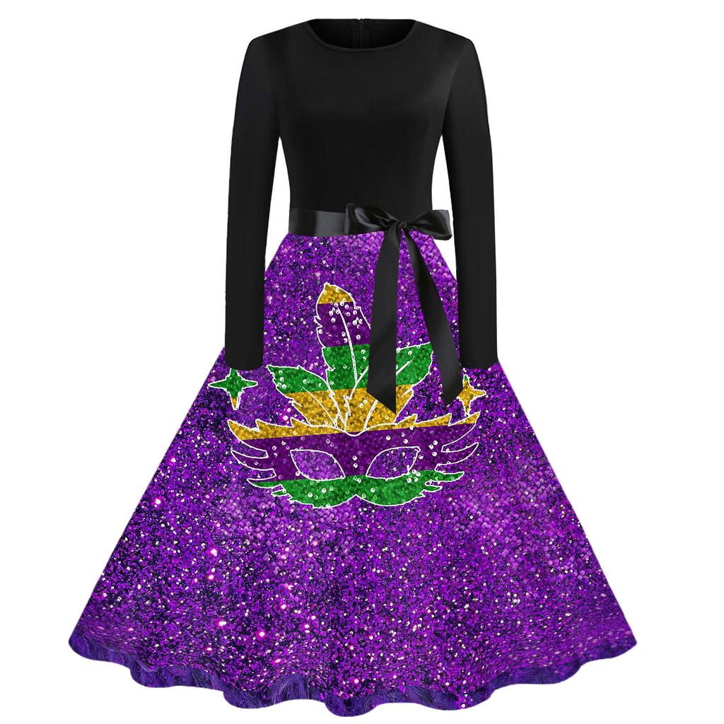 Damen Casual Mode Rundhals Karneval Bedrucktes Vintage Kleid