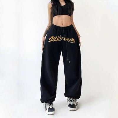 Plus-Size Gothic Letter Print Schwarze Jogger Jogginghose Damen Übergroß Y2K Streetwear Punk Gerade Weite Bein Sporthose Kpop Hippie