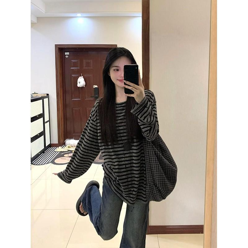 Women's Korean Color Block Stripe Long Sleeve T-Shirt, Early Autumn 2025, Loose Fit, Lazy Style.