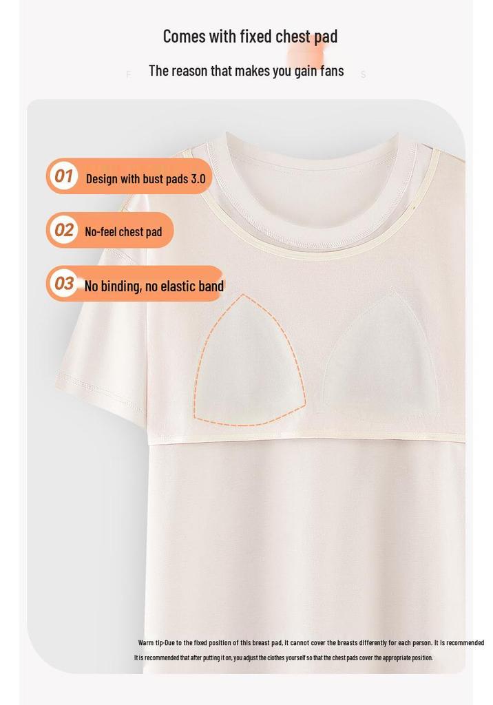 Women's Antibacterial Cotton Pajamas with Built-in Bra Pads - Short Sleeve, Cute & Comfortable Summer Loungewear Set