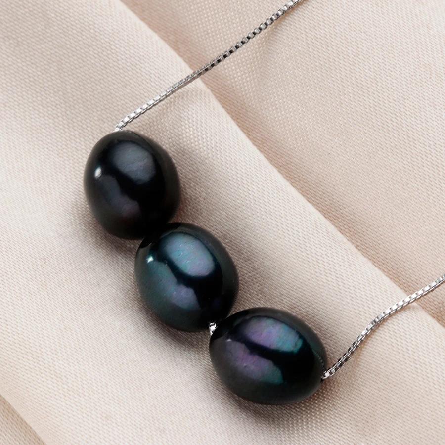 HENGSHENG Black Natural Pearl Necklace 7-8mm Rice Round Freshwater Pearl 925 Sterling Silver Fine Jewelry For Women