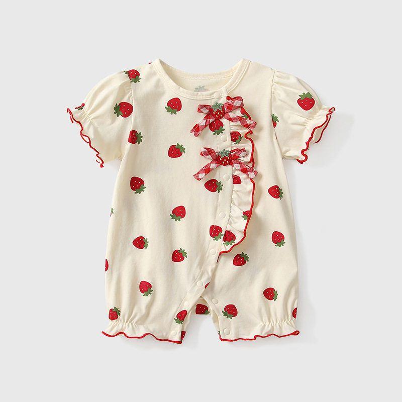 

2025 New Pure Cotton Short-Sleeved Romper for Newborn Baby Girls, Summer Thin One-Piece Romper with Puff Sleeves for Infants Red 66 cm