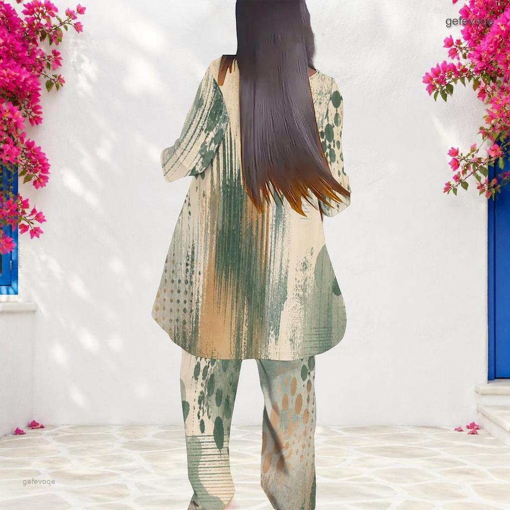 Women Plus Size Two Piece Pants Set Round Neck Three Quarter Sleeve Printed Layered Top And Long Pants