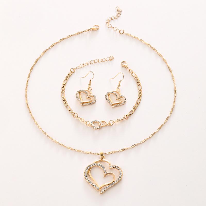 Exquisite Double Heart Necklace Earrings Bracelet Jewelry Set Charm Ladies Jewelry Fashion Bridal Accessory Set Romantic Gifts