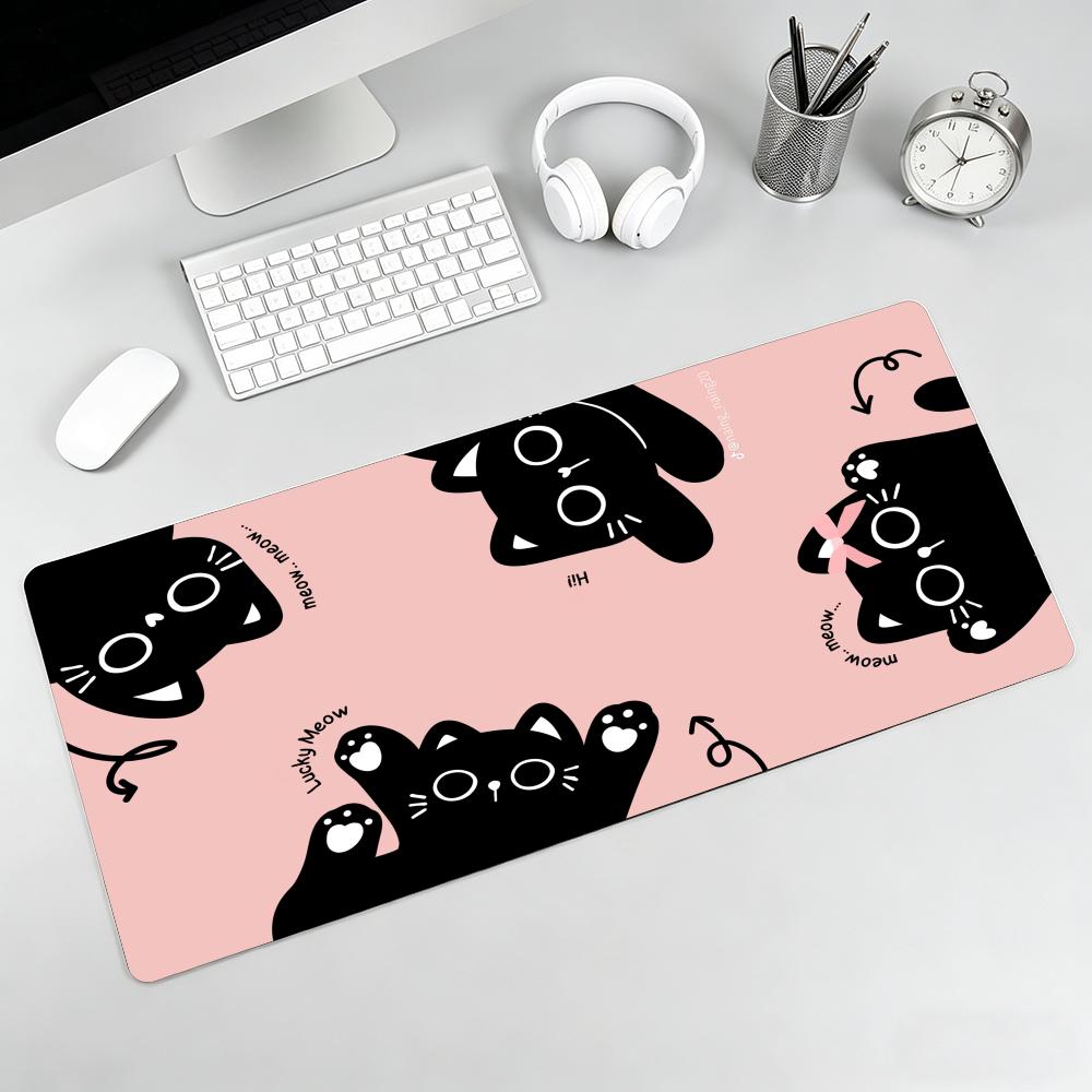 Cute Black Cat Mouse Pad Large Computer Office Game Table Mat Rubber AntiSlip Stitched Edge Keyboard Mats 90x40 Xxl Desk Pads