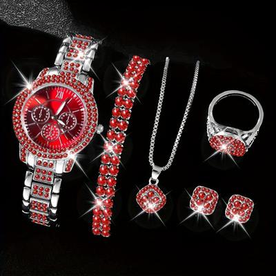 Full Diamond Luxury Bracelet Watch Set Ladies Quartz Watch Exquisite Five-piece Women's Set