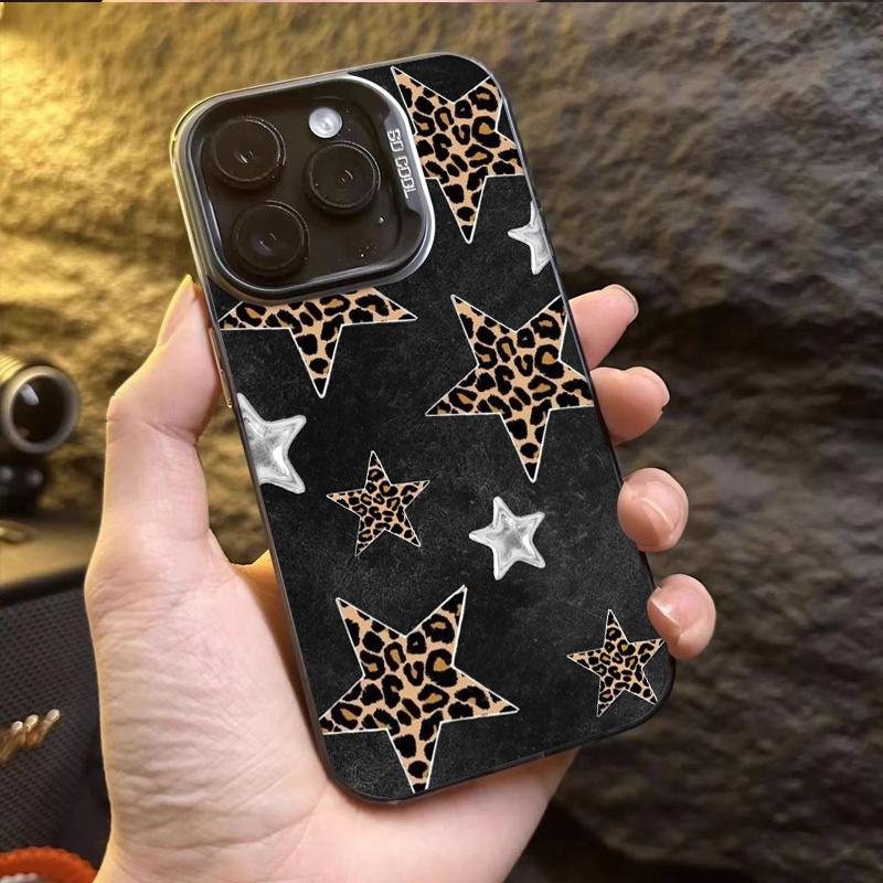 Leopard Silver Star Pattern Phone Case Suitable for iPhone 17 16 15 14 13 12 11 Pro/Max/Plus Anti Drop and Shockproof Back Cover