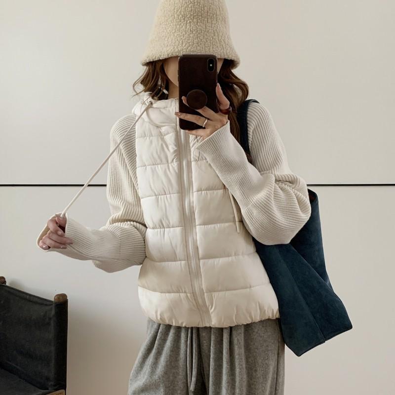 Womens Short Faux Two-Piece Knit Sleeve Patchwork Padded Jacket Winter Slim Fit Casual Coat