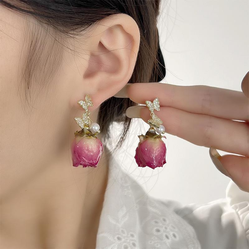 Dried Rose Earrings - Retro Port Style Niche Design - Premium Everlasting Flowers Double Butterfly Shell Bead Earrings