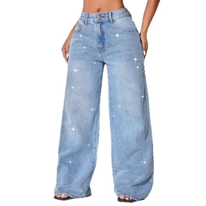 Nuovi Jeans Lavati da Donna con Strass, Taglie Forti Vita Bassa Larghi Bottoni Dritti Pantaloni in Denim