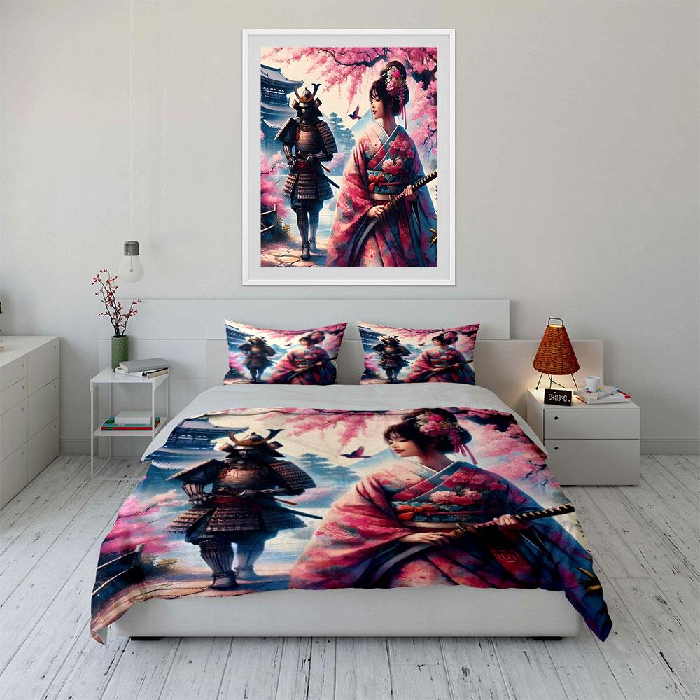Samurai and Kimono Art Set Bedding Set with 1 Duvet Cover 2 Pillowcases Single Double King Queen, Gift