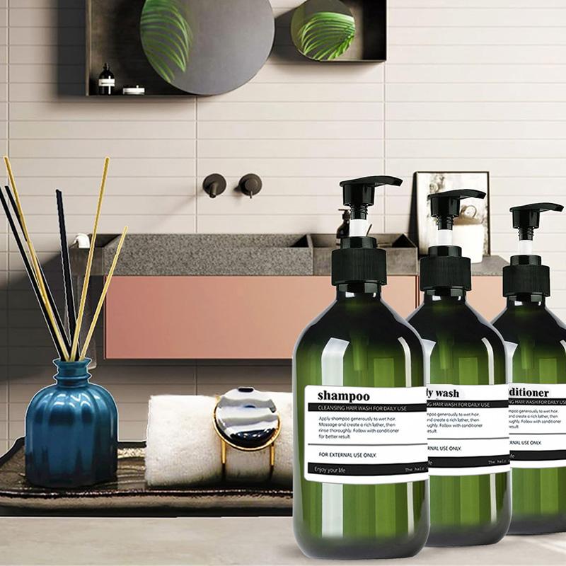 3er-Pack, 500 ml, nachfüllbarer Badezimmer-Flüssigseifenspender mit Pumpe, brauner/grüner Shampoo- und Conditioner-Spender mit 8 Etiketten