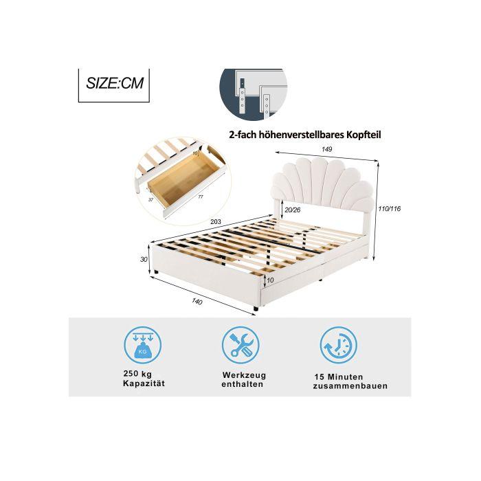 Lit Capitonné - MUVOE - 140 X 200 Cm - Tête De Lit Florale - 4 Tiroirs De Rangement - Beige