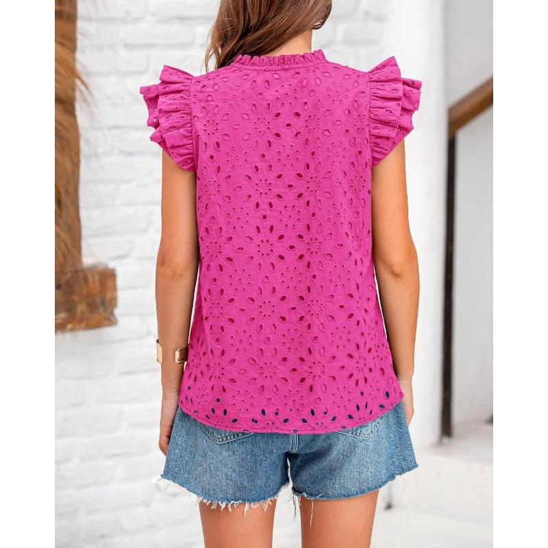 Women European Style Casual Summer Hollow Out Embroidery Flounce Sleeve V Neck Shirt