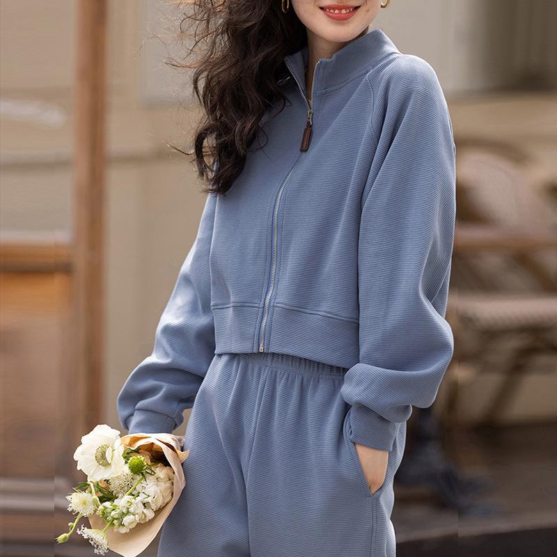Conjunto Esportivo Casual de Duas Peças com Zíper Jaqueta Moletom Fina Calça Legging de Cintura Alta Moda Casual para Mulheres
