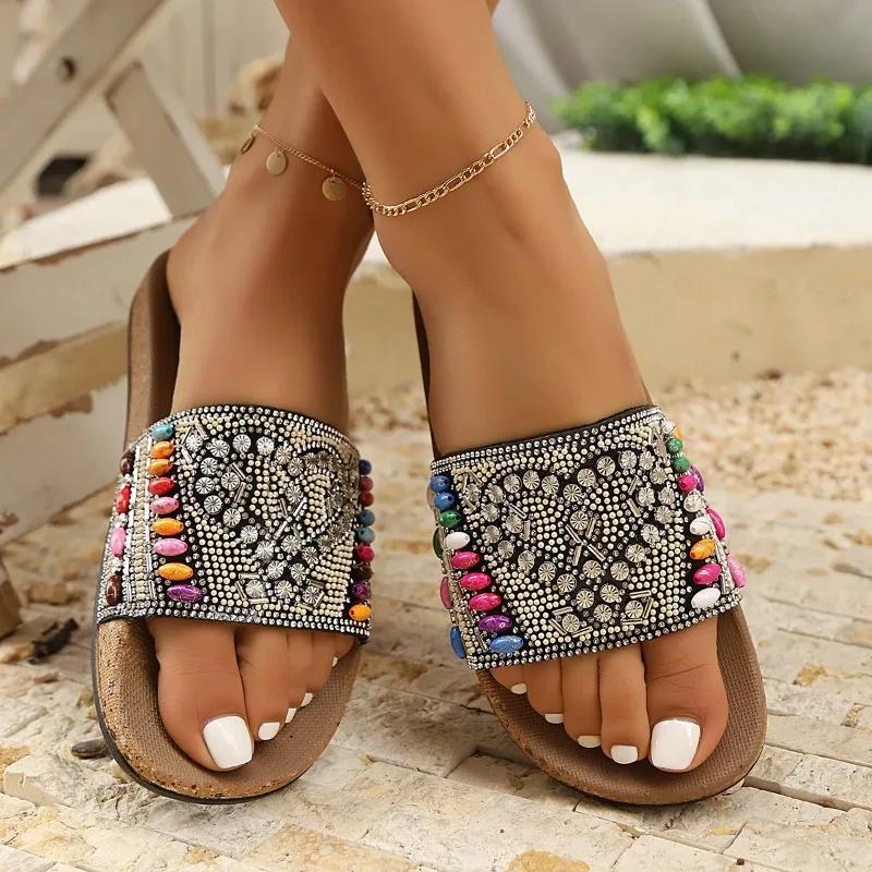 Fashion 2025 Summer Open Toe Women's Slippers Fashion Crystal New Daily Best Seller Soft Bottom Non-Slip Comfortable Flat Slippers