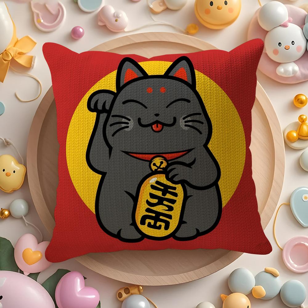 Lucky Cats Cartoon Cushion Cover Natural Linen Organic Fabric DoubleSided Printing Sofa Home Decor Gift Pillow Cover
